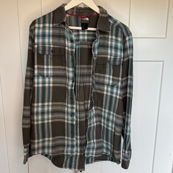 The North Face Flannel Shirt Mens Medium Gray Blue Plaid Button Up Long Sleeve - Picture 5 of 6